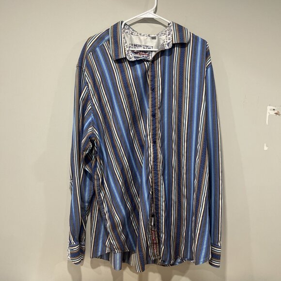 Robert Graham Mens Shirt Button Down Blue Striped Embroidered Flip Cuff 2XLT - Picture 1 of 7